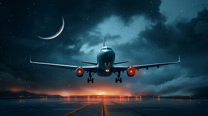  airplain fly on  cloudy sky   at starry night  big moon , below city blurred light