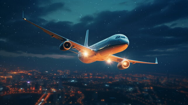  airplain fly on  cloudy sky   at starry night  big moon , below city blurred light