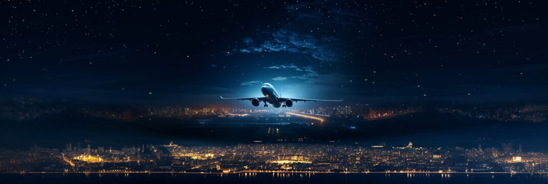  airplain fly on  cloudy sky   at starry night  big moon , below city blurred light