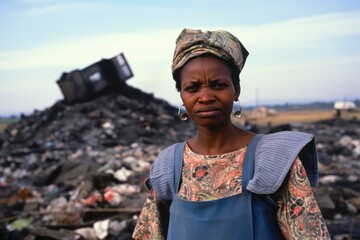 Serious Black Woman posing in a third world country public dump looking at the camera