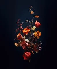 Fotobehang Beautiful bouquet of dried flowers on a deep black background — unique artisanal handmade florist minimalist aesthetic © dreamalittledream