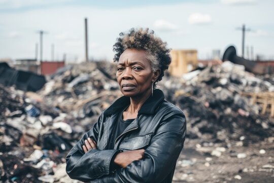 Serious Black Woman posing in a third world country public dump looking at the camera