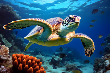 Fototapeta na wymiar Sea turtle swims along coral reefs underwater world, Turtles swimming in ocean