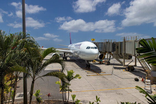 August 7, 2023 - Honolulu, Hawaii: General view Airbus A330-200 airplane for Hawaiian airlines at Honolulu International airport. 
