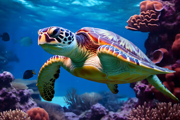 Sea turtle swims along coral reefs underwater world, Turtles swimming in ocean