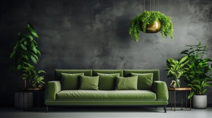 Modern living room interior with sofa and green leaf ornament and minimalist design