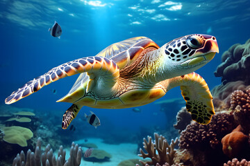 Sea turtle swims along coral reefs underwater world, Turtles swimming in ocean