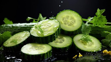 fresh green cucumber splashed with water on black and blurred background