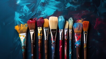 Amazing Close up of some Brushes over a Colorful Painted Background. Creativity.