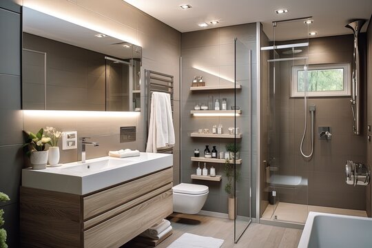 Luxury & Modern Bathroom with Glass and a Mirror, made of Wood.