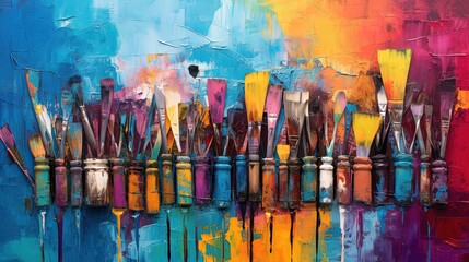 Amazing Close up of some Brushes over a Colorful Painted Background. Creativity.