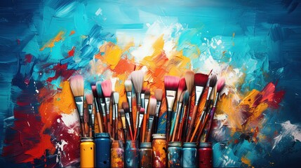 Amazing Close up of some Brushes over a Colorful Painted Background. Creativity.