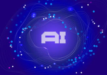 Vector illustration AI dark blue background with sparkles and white dotted lines, technology, artificial intelligence, future, present, robot, innovation