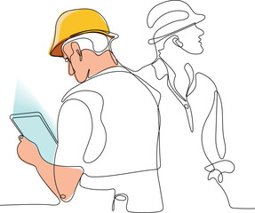 Continuous one line drawing of Industry maintenance engineer woman wearing uniform and safety helmet under inspection by tablet. Minimal outline concept