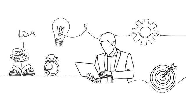 Hard worker businessman working on computer with New Business Idea and New Goal. Doodle Line Animation. The Professional Person in workspace with Book, Light bulb, Gear and Target.  Success Process. 