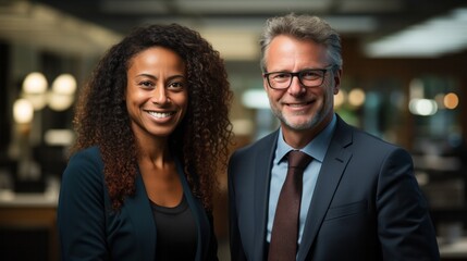 Portrait of a confident mature professional businessman and African-American businesswoman in a suit in an office environment