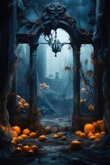 Halloween spooky background, scary pumpkins in old big creepy Happy Haloween ghosts horror house evil haunted castle scene. Creepy dark gothic mysterious night dark backdrop concept. 