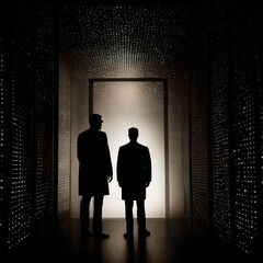 Scientists in a futuristic server room. Research of an Artificial Super Intelligence. Big data. Network connection. Technology concept. Virtual hologram data link. AGI. Generative AI