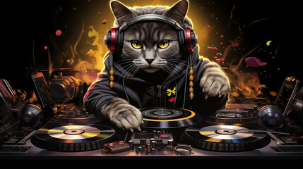 DJ cat with headphones , Animal Portraits , Generative AI 