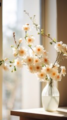 Obraz na płótnie Canvas close up of Nageire flower arrangement near a window, Japandi style, minimal vertical background.