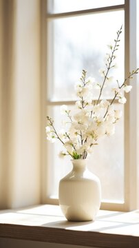 close up of Nageire flower arrangement near a window, Japandi style, minimal vertical background.