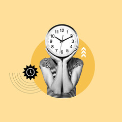little time, time goes fast, teenager with time, worried about time, young man with clock, managing time, need time, clock head, concept, collage art, photo collage
 - obrazy, fototapety, plakaty