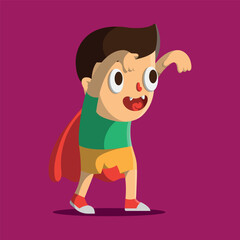 Obraz na płótnie Canvas Flat vector illustration for Halloween. Cute cartoon character. Little vampire. School boy in raincoat and fangs in his pants on pink background. Child dressed as Dracula walks with outstretched arms.