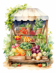 Vegetable stall with fruits and vegetables. Watercolor hand drawn illustration