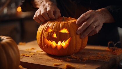 hands carving a halloween pumpkin jack o lantern on a cutting board