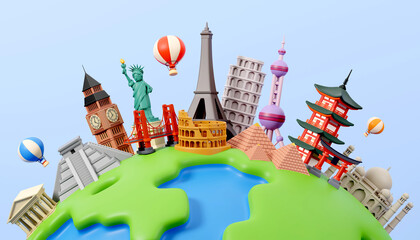 Famous monuments of the world grouped together on planet Earth with balloons. Travelling and holidays. Travel famous landmarks or world attractions concept. 3d Render illustration.
