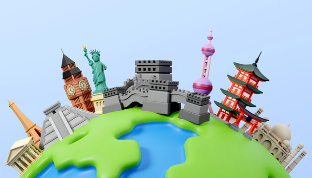Famous monuments of the world grouped together on planet Earth. Travelling and holidays. Travel famous landmarks or world attractions concept. 3d Render illustration.