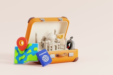 Cartoon of open Suitcase with Landmarks of India, map and passport. 3d Render