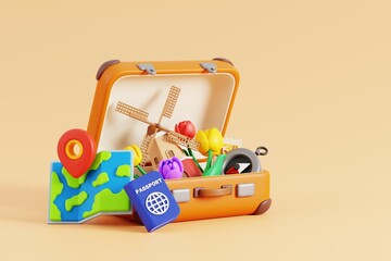 Open Suitcase with Landmarks of Netherlands, Dutch Windmills and Tulips. 3d Render