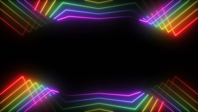Animated neon lines in rainbow color on black background with free space