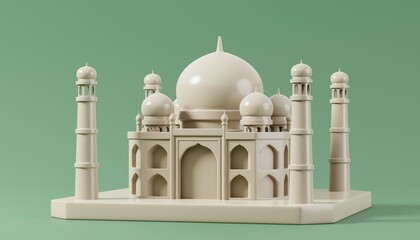 Taj Mahal Palace (Agra, India) isolated on green background. Travelling and holidays to India. Travel famous landmarks or world attractions concept. 3d Render illustration.