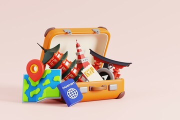 Fototapeta premium Welcome to Japan. Open suitcase with Japanese landmarks. 3d Render