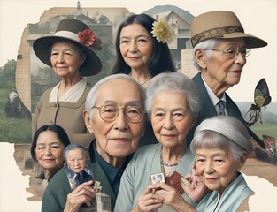A digital collage capturing the essence of life's journey through the blend of generations, cultures, and technology. International Day of Older Persons concept.