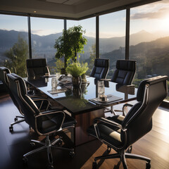 boardroom with panoramic view dark cherry veneer
