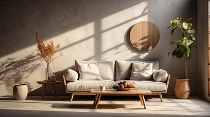 modern minimal white sofa in living room with sunlight on beige wall