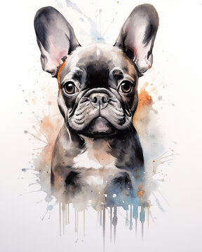 Pet Dog Frenchie, Watercolor Whimsy: Adorable French Bulldog Puppy Captured in Art - A Playful and Colorful Canine Portrait.