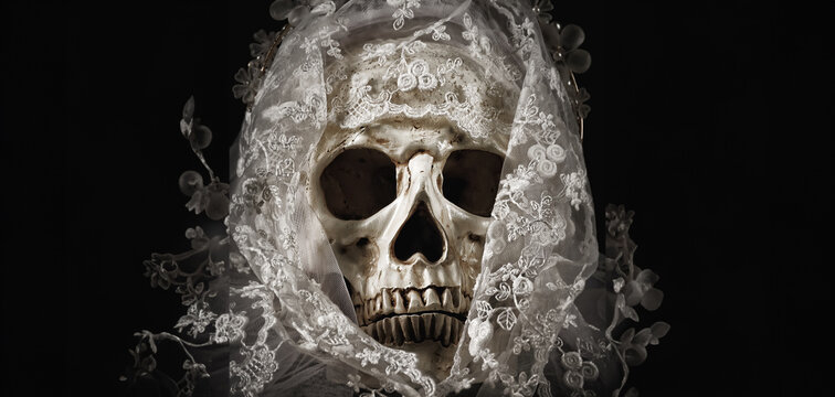 Photo of a Skull of a Bride with Veil in Dark Background for Halloween concept