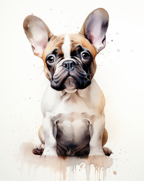 Artistic Puppy Frenchie: Serene French Bulldog in Watercolor - A Whimsical Expression of Pet's Playful Soul.