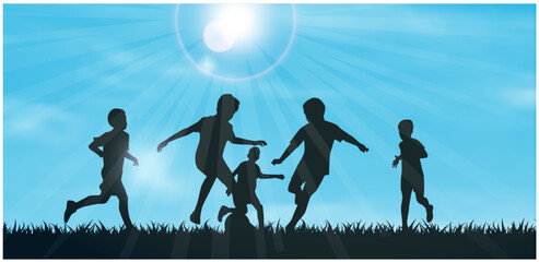 Kids playing soccer silhouettes, footballer, kids with ball	