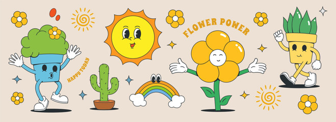 Set of 70s groovy character and element. plants collection vector illustration