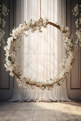 Elegant white room with floral halo ring backdrops, background, photoshop overlay