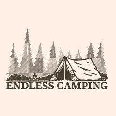 Obraz premium vector illustration of camping in the forest accompanied by a quiet campfire