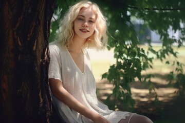 Realistic Digital Painting Portrait of a Beautiful Fictional Blonde Woman Laying Under a Tree and Smiling. Generative AI Illustration.