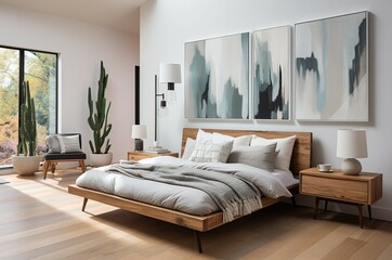 The interior of a modern bedroom in a contemporary home the atmosphere is comfortable natural. With simulated canvas frame on the wall.