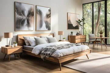 Fototapeta premium The interior of a modern bedroom in a contemporary home the atmosphere is comfortable natural. With simulated canvas frame on the wall.