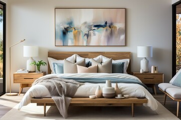 The interior of a modern bedroom in a contemporary home the atmosphere is comfortable natural. With simulated canvas frame on the wall.